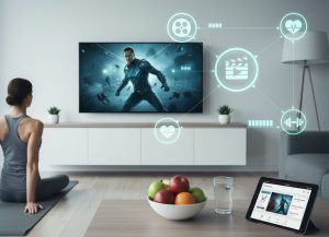 A fit women watching movies while sitting on a yoga mat with bowl of fruits on the side