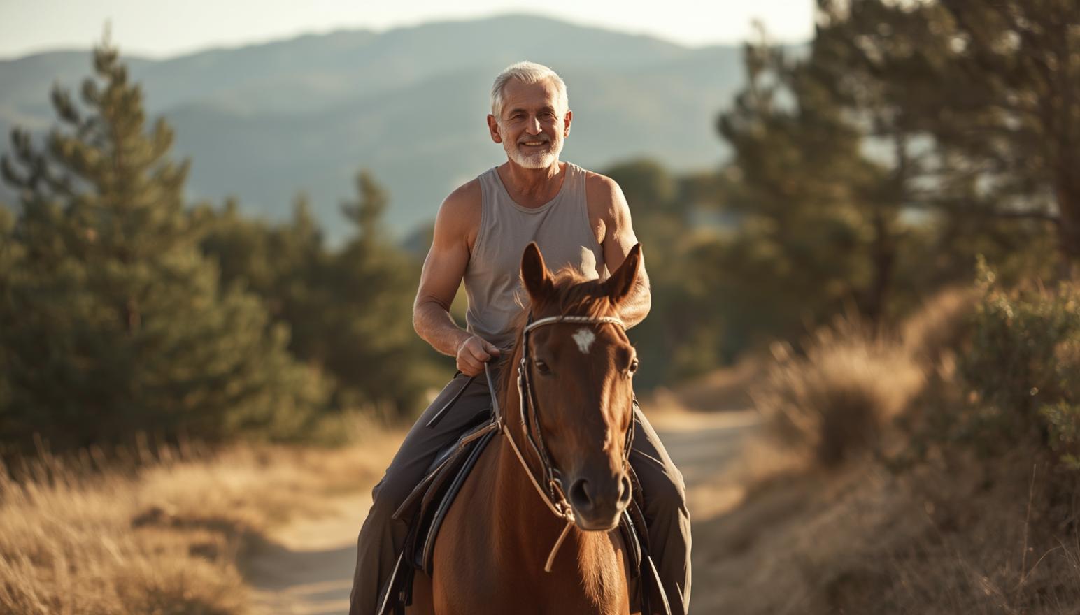 Active retiree horseback riding through sunlit Spanish hillside estate, embracing fitness, freedom, and vitality.